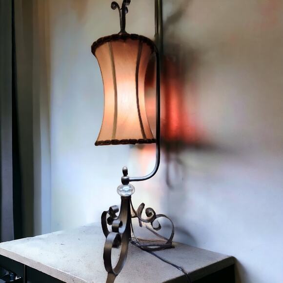 Unique Black Metal Lamp with Tan Fabric Shade Large Table Lamp 29" Tall Nice - Picture 1 of 7